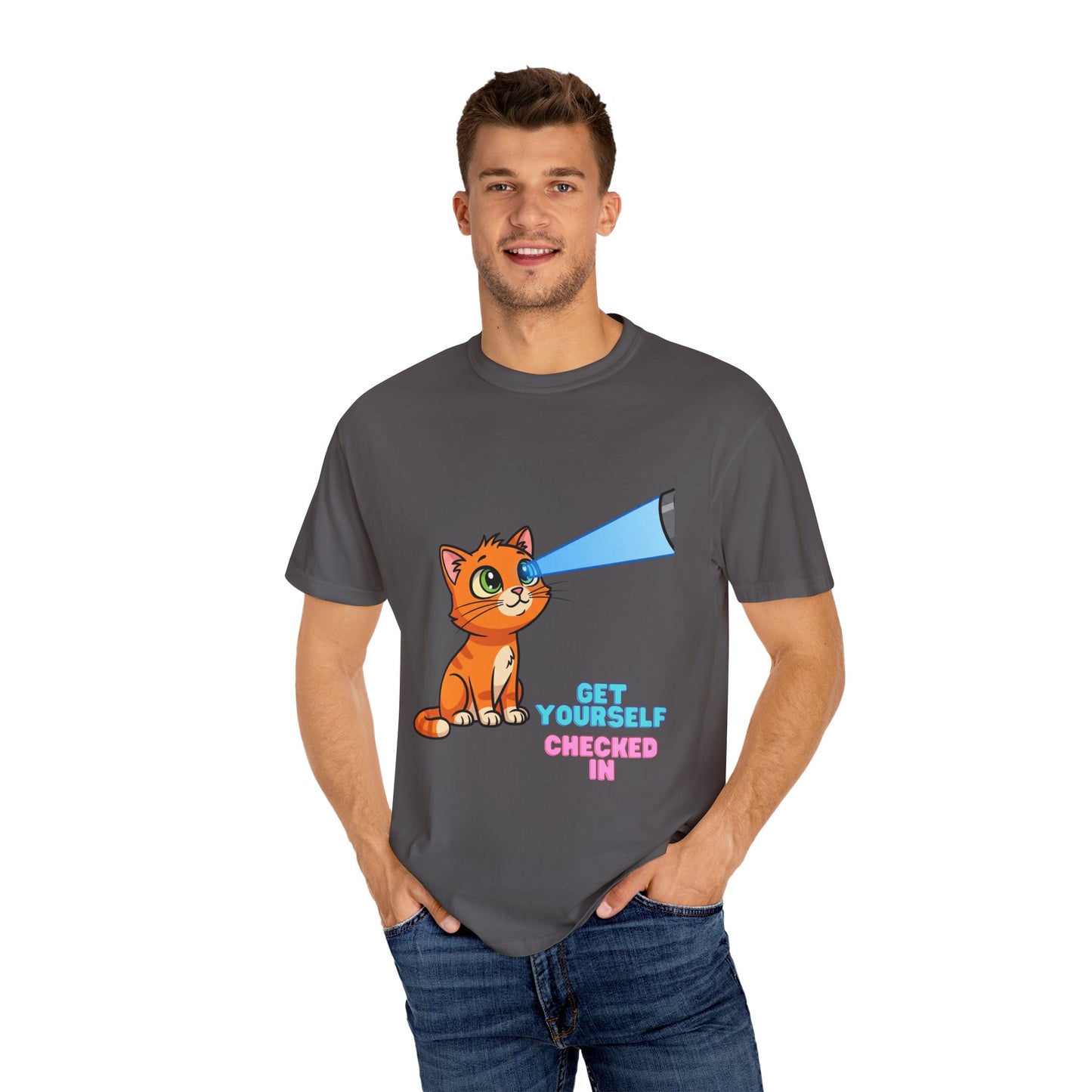 Playful Cat T-Shirt - Get Yourself Checked In, Cute Animal Tee, Gift for Cat Lovers, Funny Shirt, Casual Wear